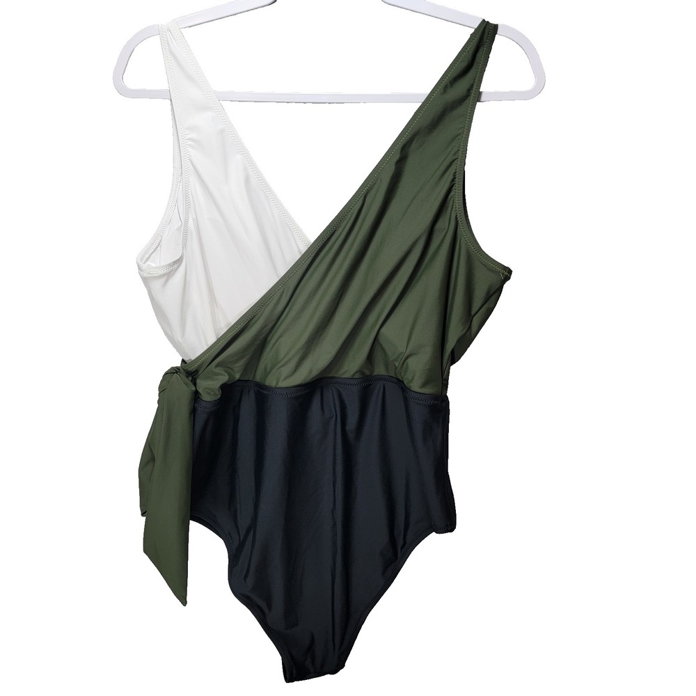 Cupshe Surplice Neckline Swimsuit Womens 2XL One Piece Tie Bow Green Black NWT - Picture 2 of 14